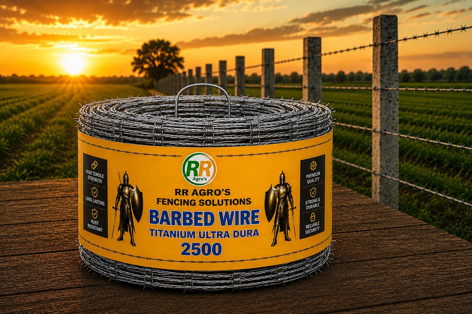 Golden-Hour Barbed Wire Coil in the Countryside